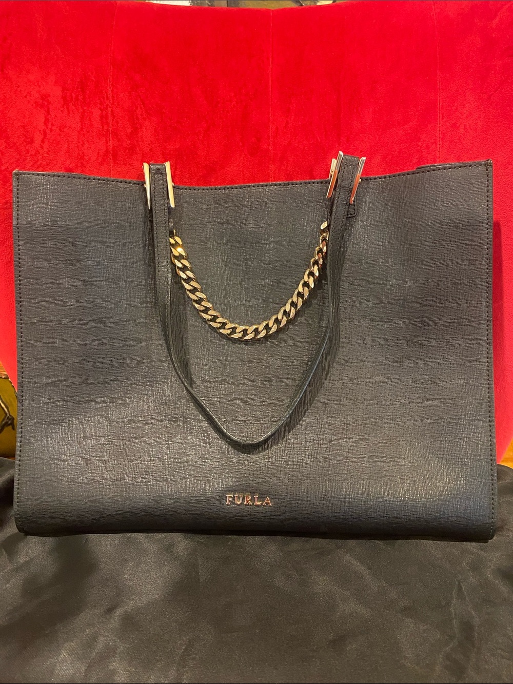 Furla Black Leather Tote with Gold Chain Accent